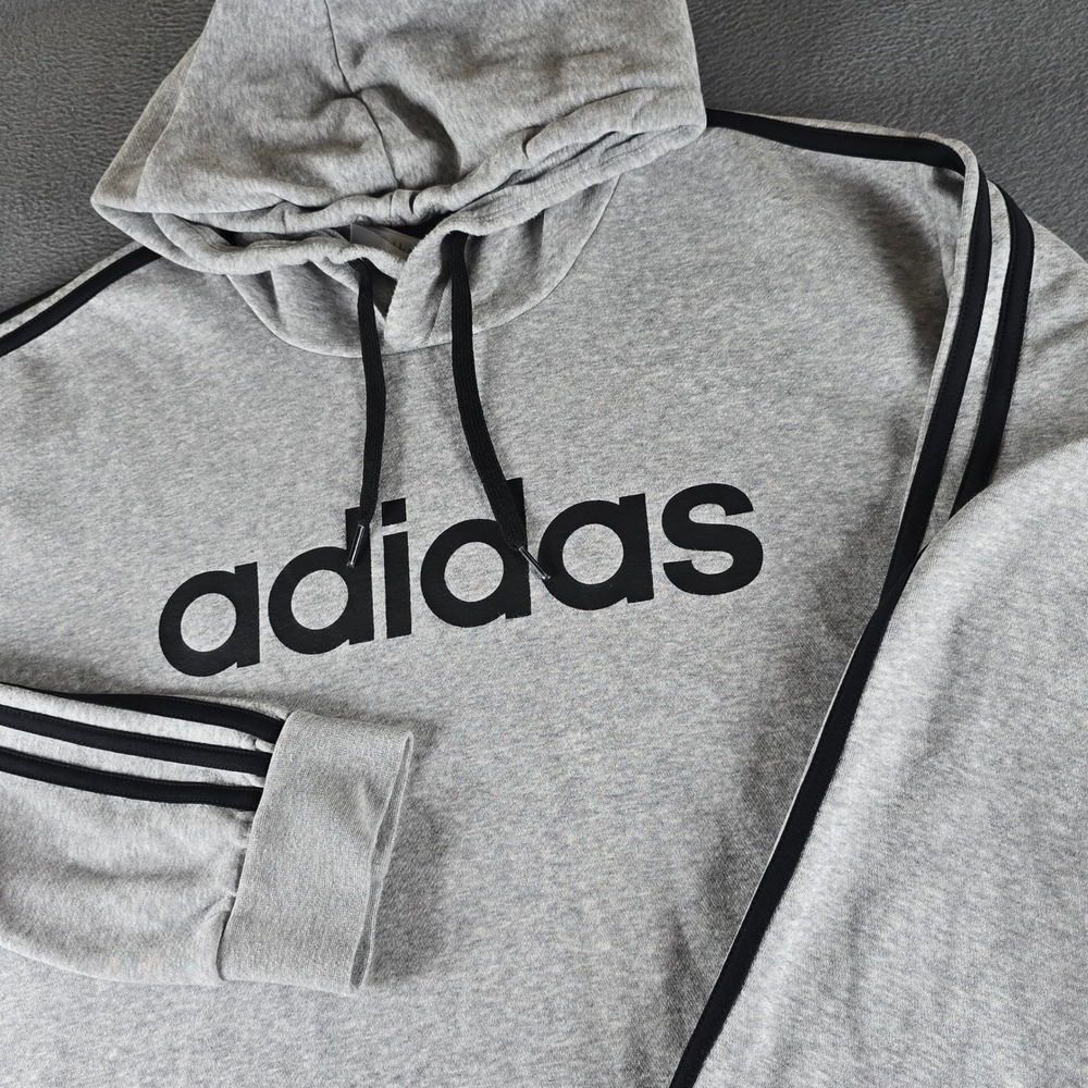 Adidas Mens Essentials Linear Logo Hoodie Grey Heather 3-Stripe Pullover XL